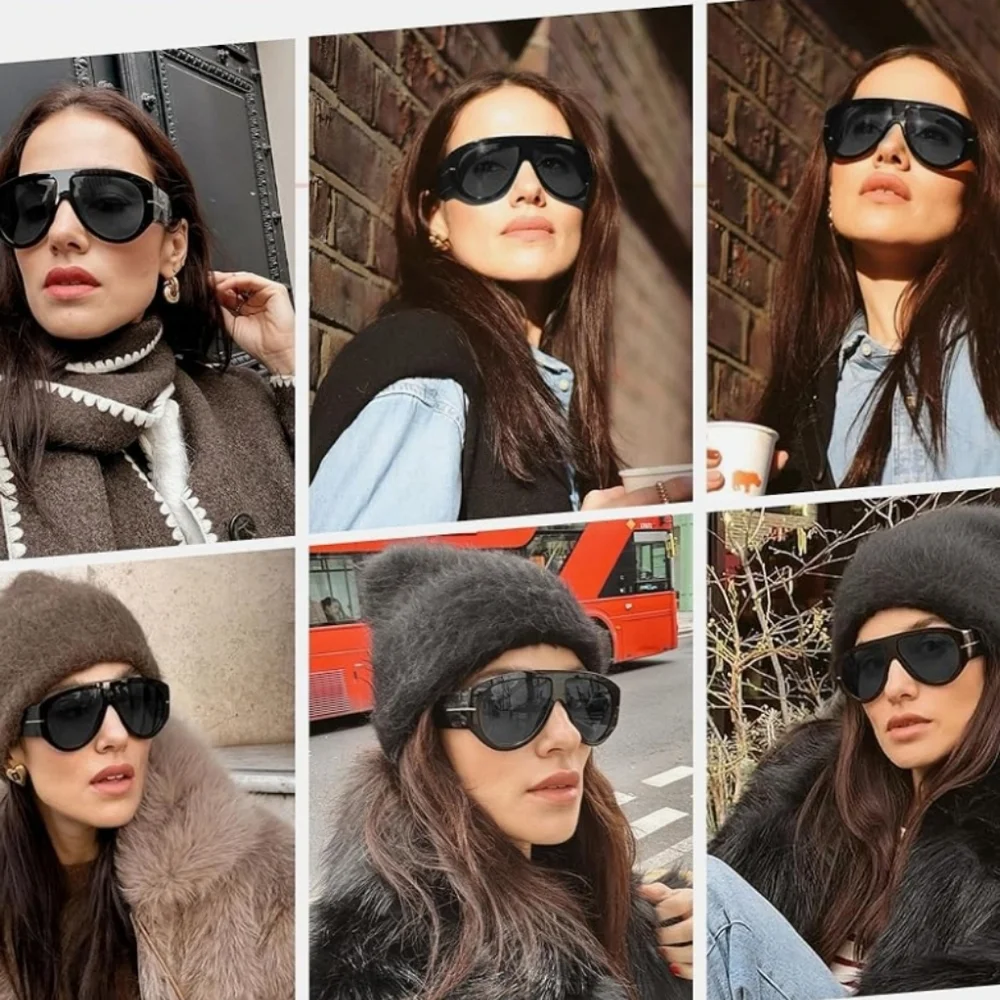 Stylish Black Oversized Retro Aviator Sunglasses with Grey Pouch NEW